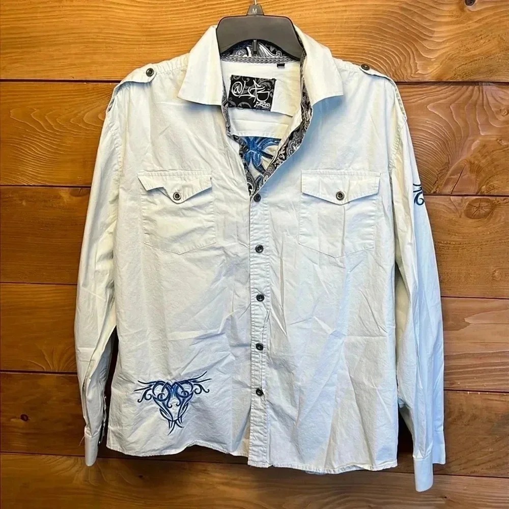 El General Casual & Western Mens Long Sleeve Button Up Shirt XL‎ Blue Embroidery